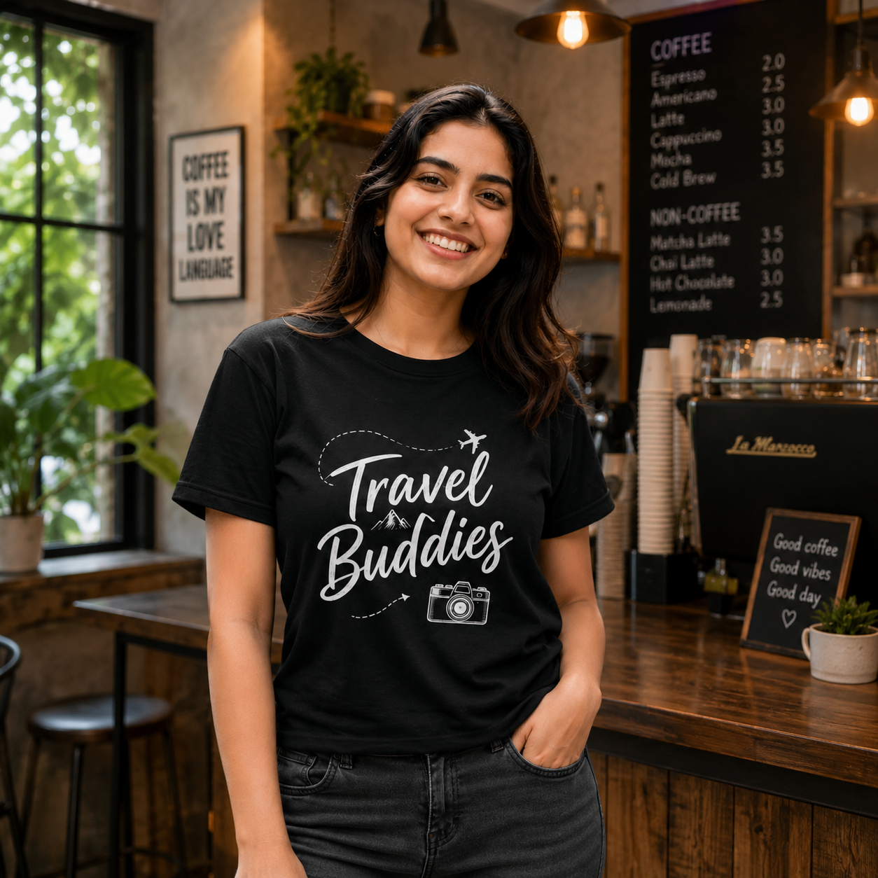TRAVEL BUDDIES WOMENS PRINTED BLACK TSHIRT